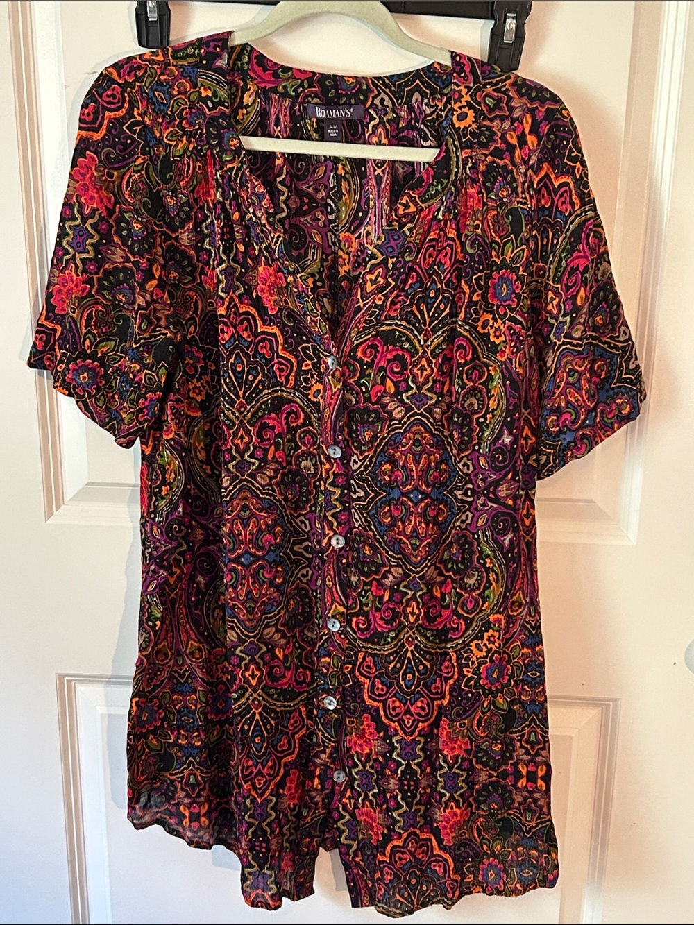 Roaman's Multicolor Paisley Midi Dress or top - Pink, Black & Orange Accents